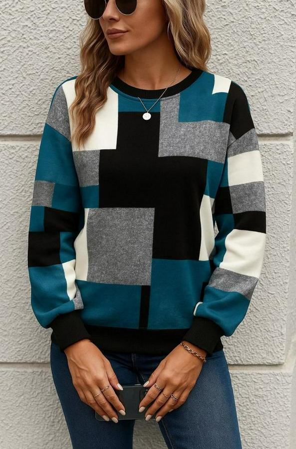 Uzun Kollu Bisiklet Yaka Renkli Blok Baskı Dalgıç Bluz