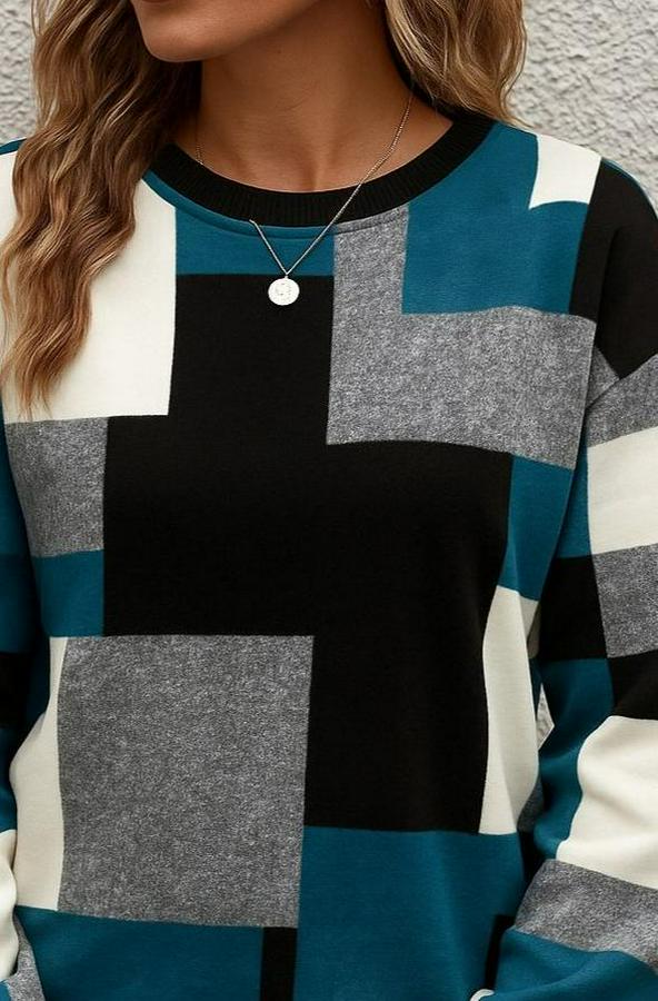Uzun Kollu Bisiklet Yaka Renkli Blok Baskı Dalgıç Bluz