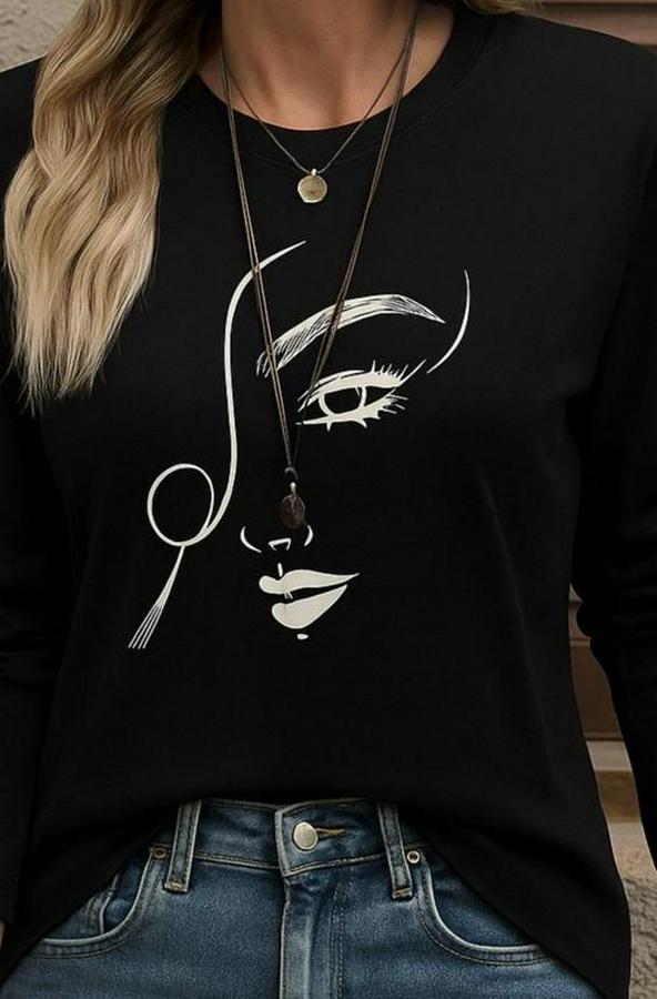 Uzun Kollu Bisiklet Yaka Yüz Desenli Viskon Bluz