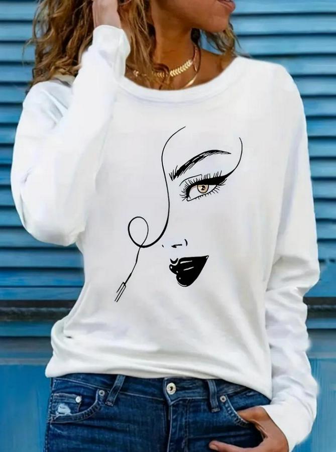 Uzun Kollu Bisiklet Yaka Yüz Desenli Viskon Bluz