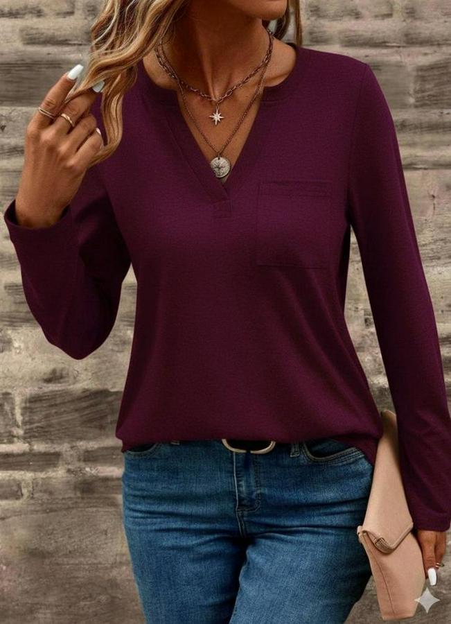 Uzun Kollu Cepli V Yakalı Viskon Iki Iplik Mürdüm Bluz