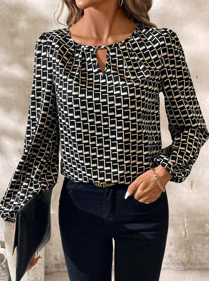 Uzun Kollu Damla Detaylı Yaka Desenli Süprem Bluz