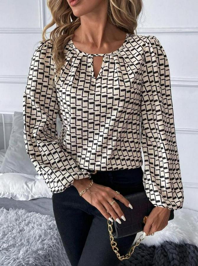 Uzun Kollu Damla Detaylı Yaka Desenli Süprem Bluz