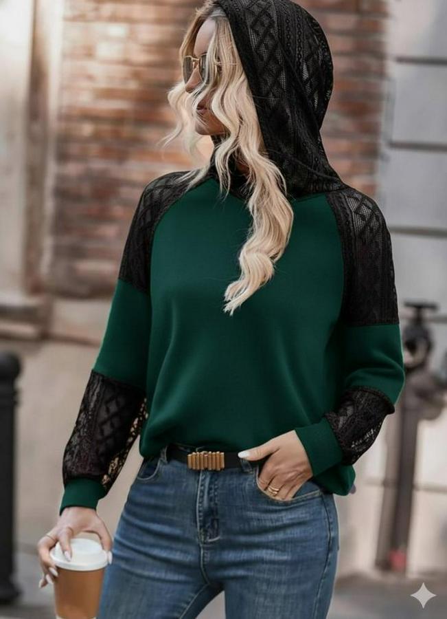 Uzun Kollu Dantelli Kapşonlu Viskon Iki Iplik Bluz