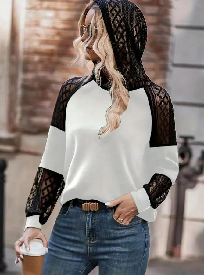 Uzun Kollu Dantelli Kapşonlu Viskon Iki Iplik Bluz