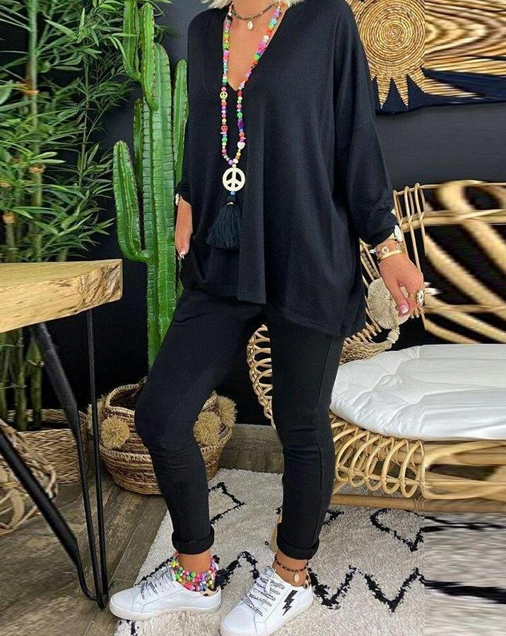 Uzun Kollu Derin V Yaka Ön Kısa Arka Uzun Viskon Bluz