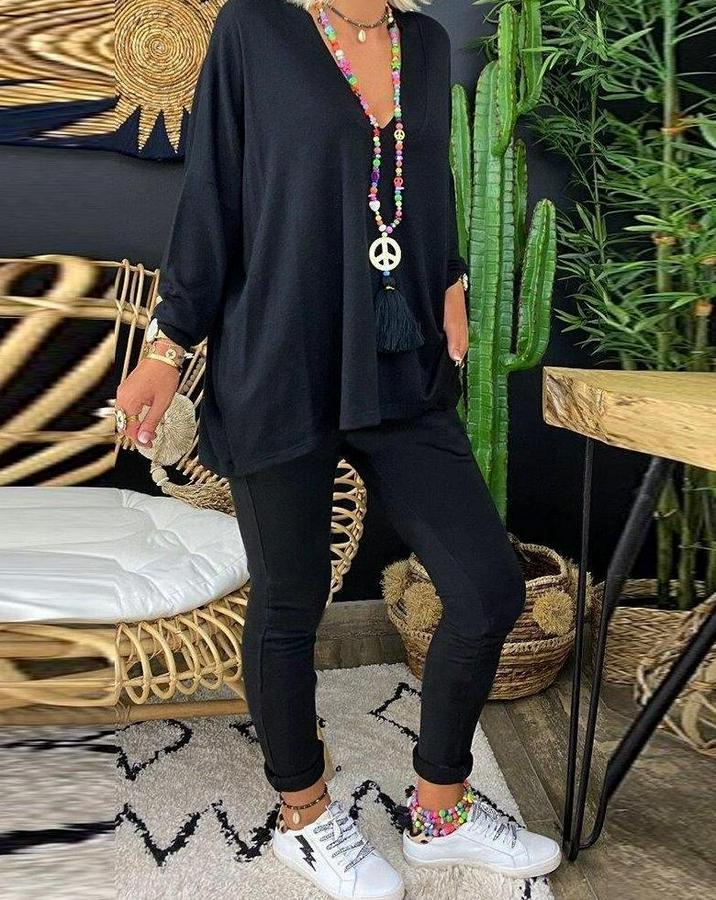 Uzun Kollu Derin V Yaka Ön Kısa Arka Uzun Viskon Bluz