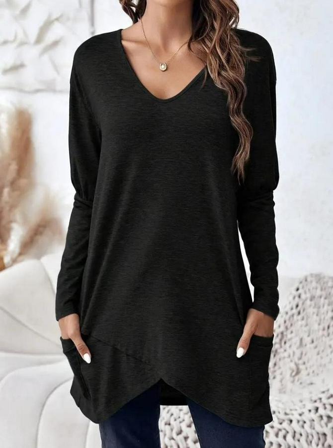 Uzun Kollu Derin V Yakalı Asimetrik Kesim Cepli Detay Yün Viskon Iki Iplik Bluz
