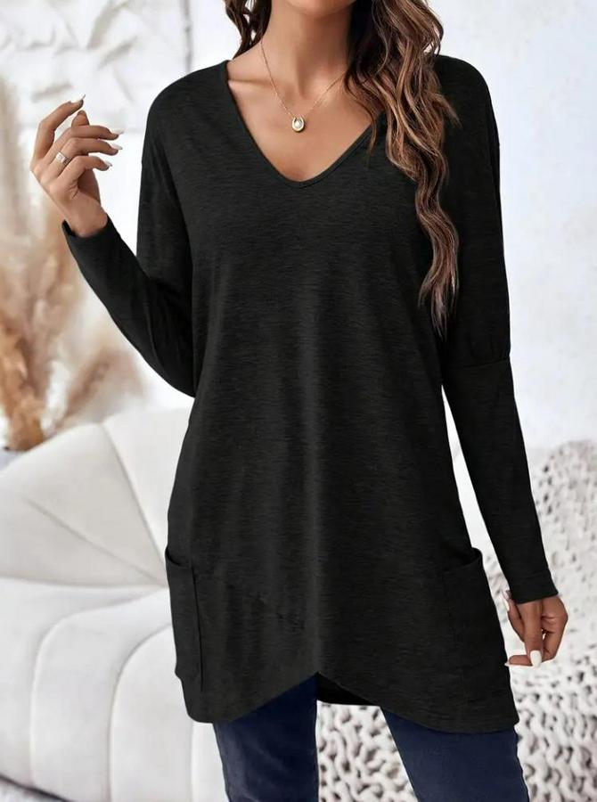 Uzun Kollu Derin V Yakalı Asimetrik Kesim Cepli Detay Yün Viskon Iki Iplik Bluz