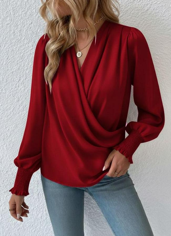 Uzun Kollu Dökümlü Kruvaze Yaka Kol Ucu Gipeli Sandy Bluz