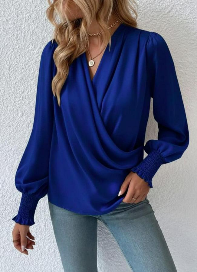 Uzun Kollu Dökümlü Kruvaze Yaka Kol Ucu Gipeli Sandy Lacivert Bluz