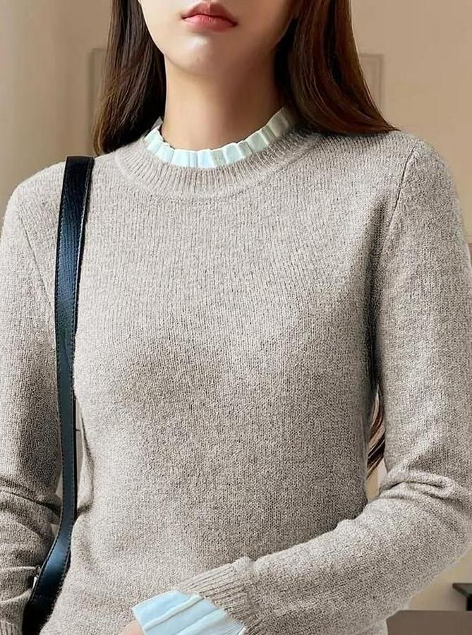 Uzun Kollu Fırfırlı Yakalı Triko Krem Bluz