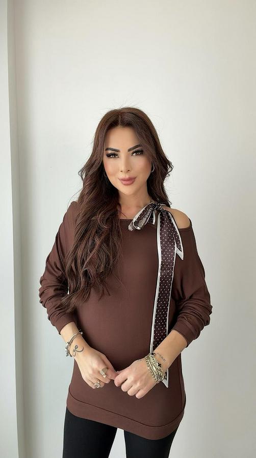 Uzun Kollu Fular Detay Çilek Kumaş Bluz