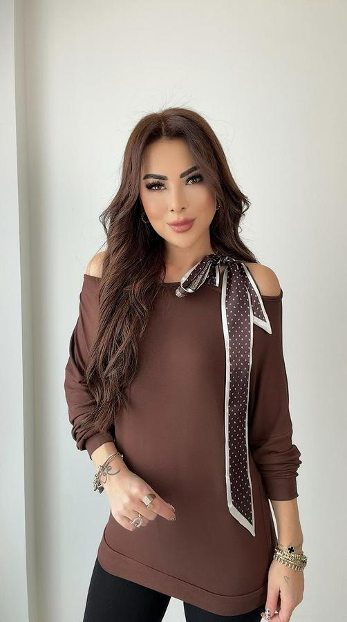 Uzun Kollu Fular Detay Çilek Kumaş Bluz