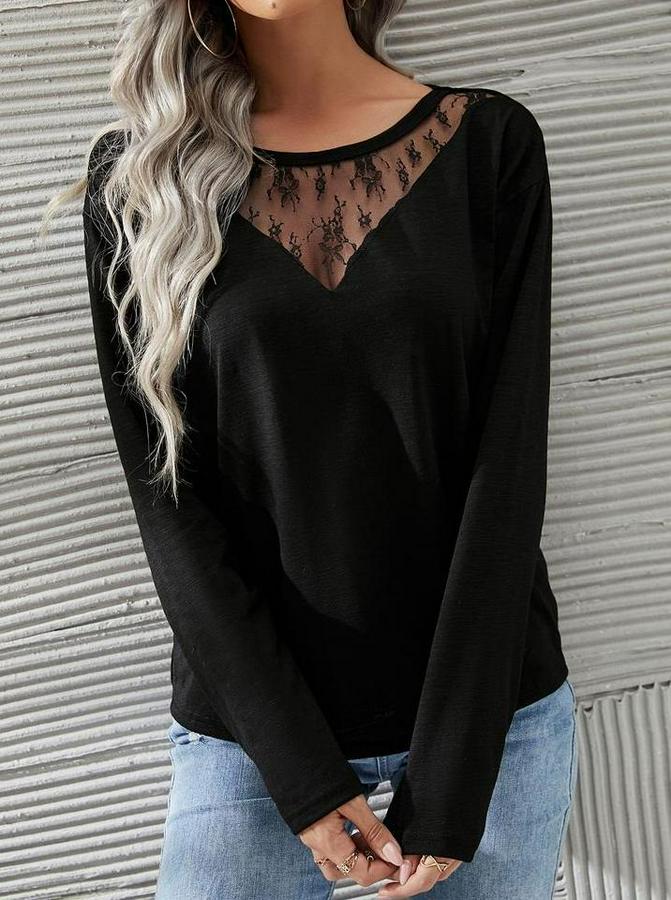 Uzun Kollu Geniş Yuvarlak Yaka Dantelli Viskon Iki Iplik Bluz