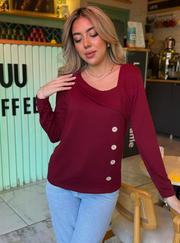 Uzun Kollu Geometrik Yaka Detay Yandan Düğmeli Viskon Iki Iplik Bluz