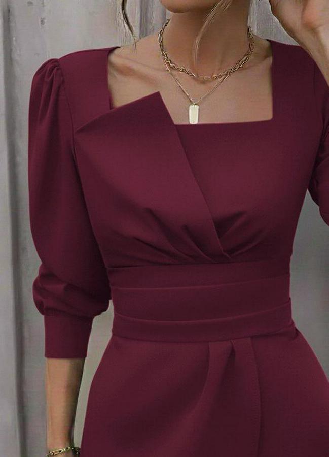 Uzun Kollu Geometrik Yakalı Belden Oturmalı Ithal Krep Bluz