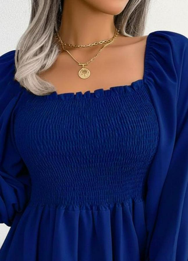 Uzun Kollu Geometrik Yakalı Gipe Detaylı Krep Bluz