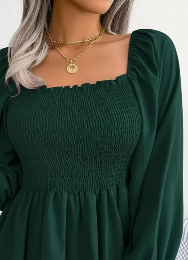 Uzun Kollu Geometrik Yakalı Gipe Detaylı Krep Bluz