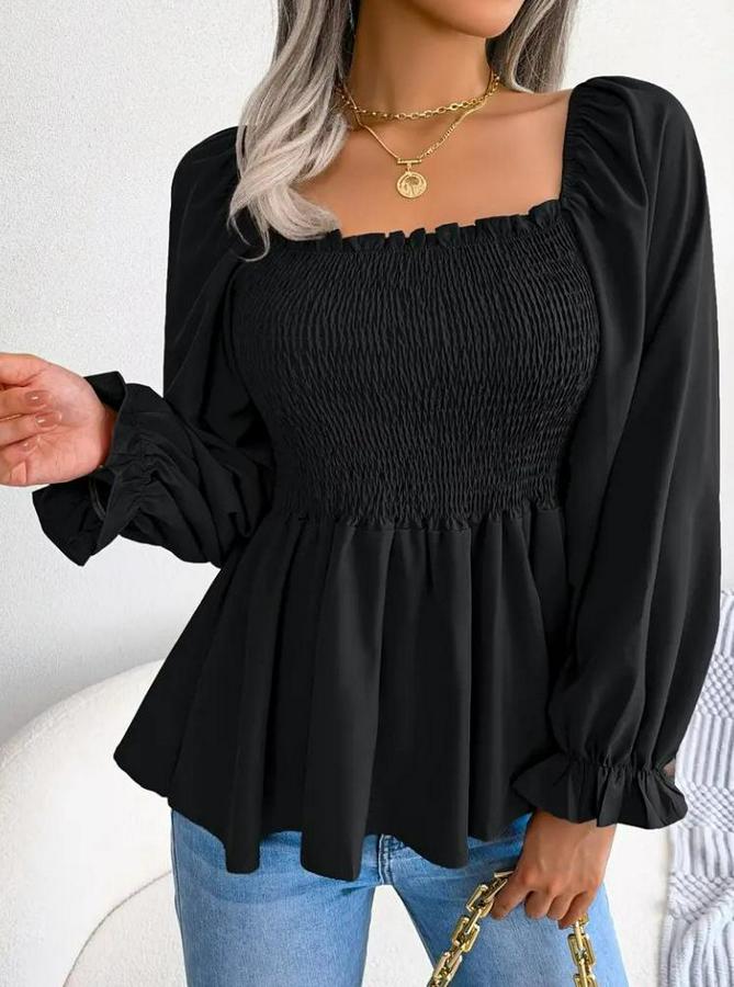 Uzun Kollu Geometrik Yakalı Gipe Detaylı Krep Bluz