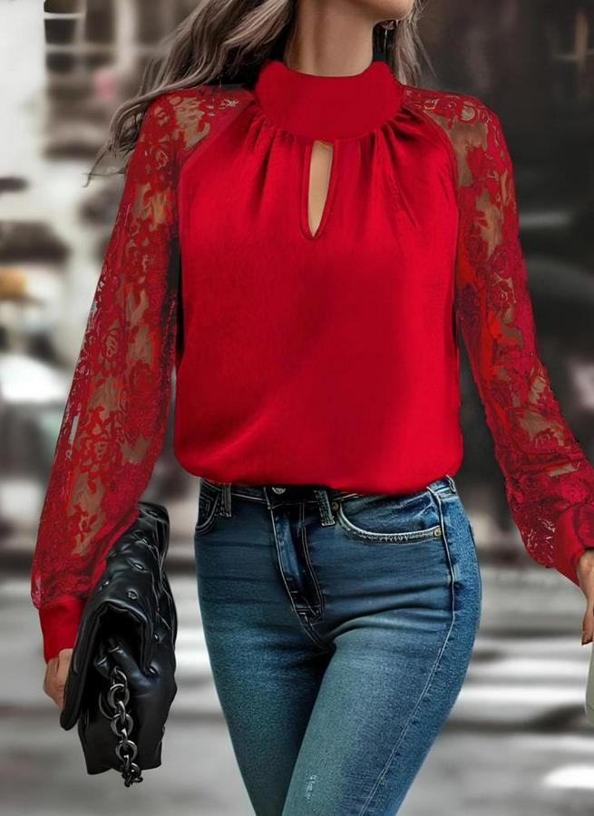 Uzun Kollu Göğüs Pencere Detay Yaka Boğazlı Kolları Tüllü Sandy Bluz