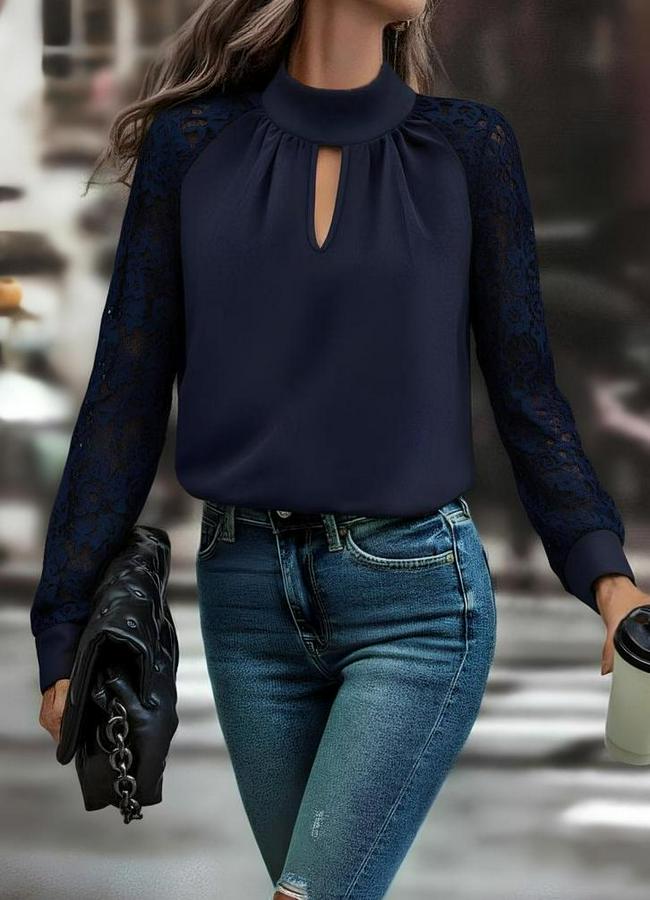 Uzun Kollu Göğüs Pencere Detay Yaka Boğazlı Kolları Tüllü Sandy Bluz