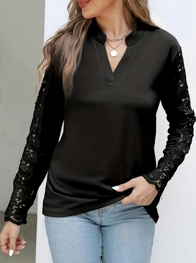 Uzun Kollu Hakim Yaka Kolları Dantel Detaylı Ithal Krep Bluz