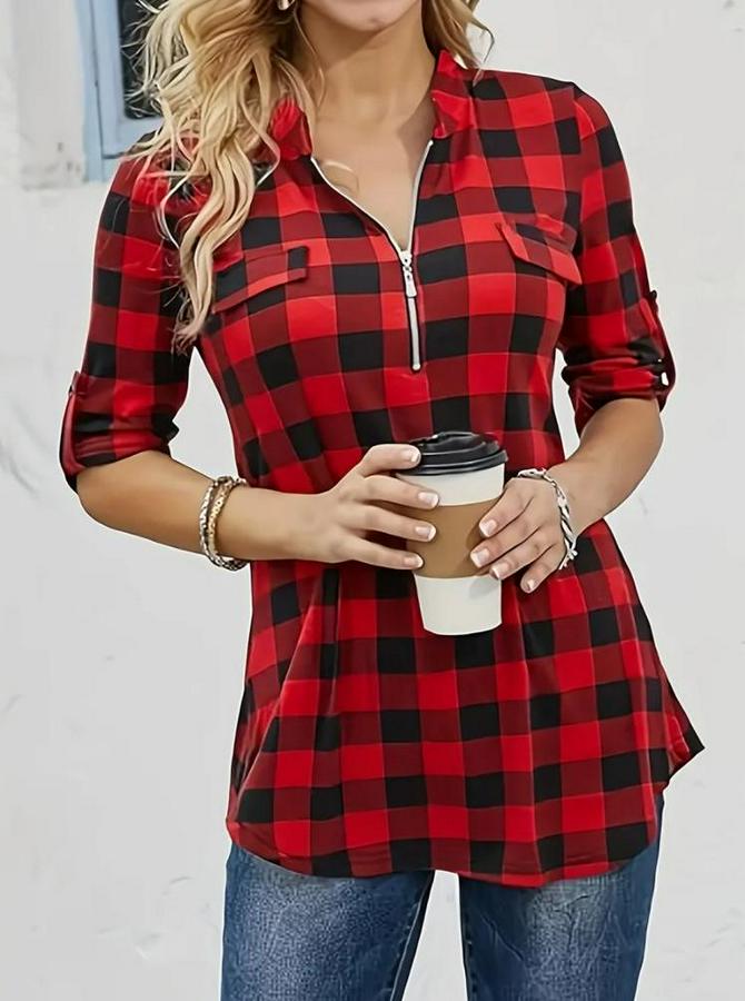 Uzun Kollu Hakim Yaka Yakadan Fermuarlı Geometrik Desenli Süprem Bluz