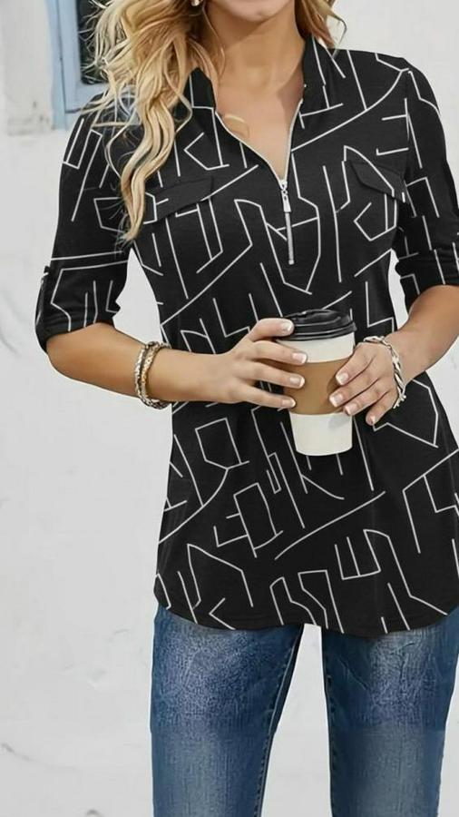 Uzun Kollu Hakim Yaka Yakadan Fermuarlı Geometrik Desenli Süprem Bluz