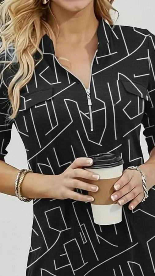 Uzun Kollu Hakim Yaka Yakadan Fermuarlı Geometrik Desenli Süprem Bluz