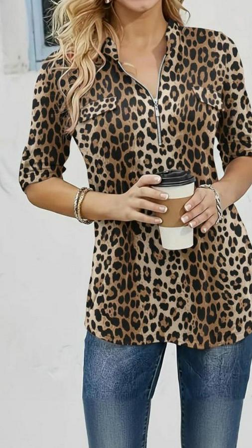 Uzun Kollu Hakim Yaka Yakadan Fermuarlı Geometrik Desenli Süprem Bluz