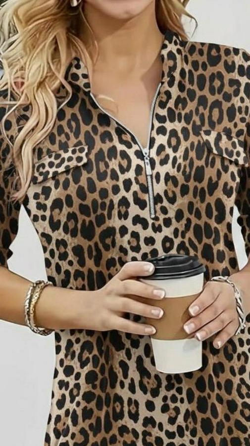 Uzun Kollu Hakim Yaka Yakadan Fermuarlı Geometrik Desenli Süprem Bluz