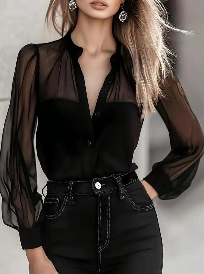 Uzun Kollu Hakim Yakalı Önden Düğmeli Tül Detaylı Trikoton Gömlek