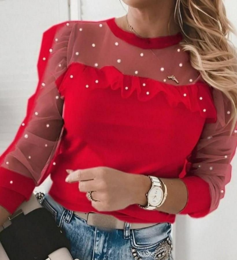 Uzun Kollu Inci Detaylı Tüllü Viskon Bluz