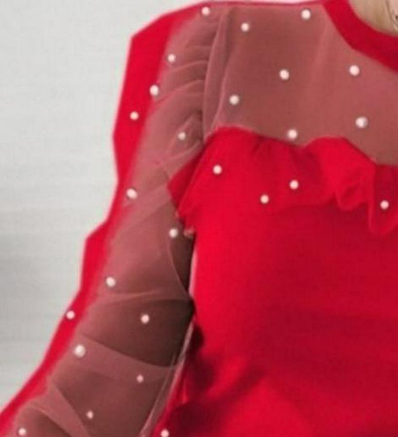 Uzun Kollu Inci Detaylı Tüllü Viskon Bluz