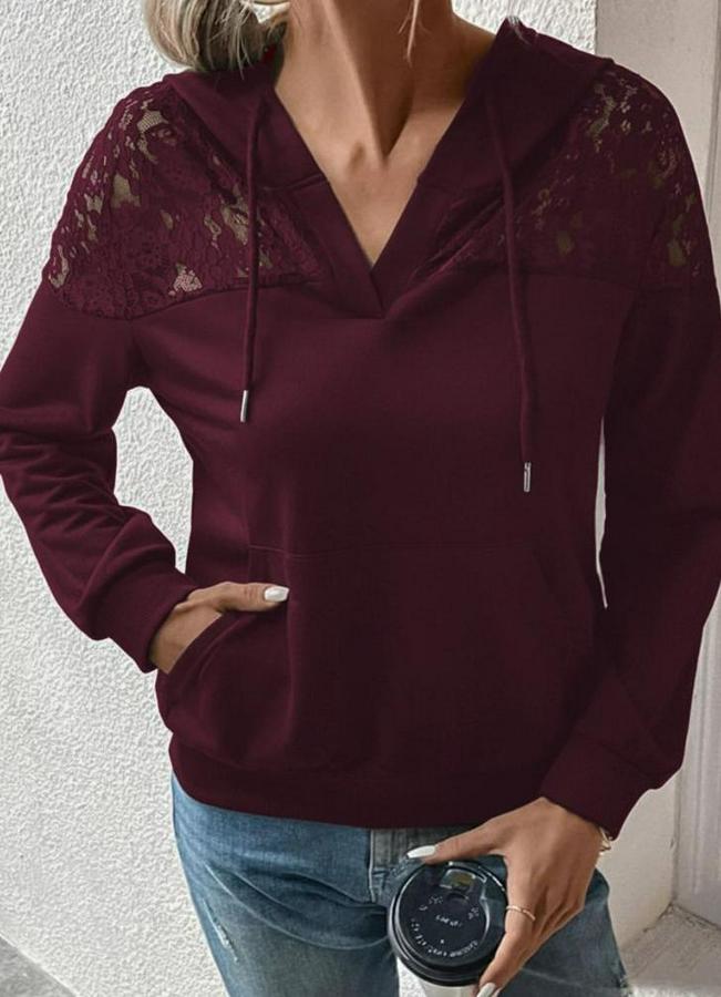 Uzun Kollu Kapşonlu Bağcıklı Dantelli Viskon Iki Iplik Bluz