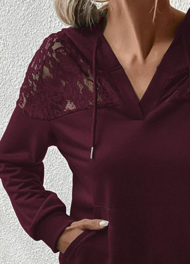 Uzun Kollu Kapşonlu Bağcıklı Dantelli Viskon Iki Iplik Bluz