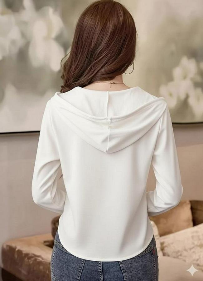 Uzun Kollu Kapşonlu Bağcıklı Düğmeli Viskon Iki Iplik Bluz