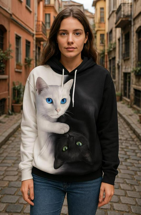 Uzun Kollu Kapşonlu Bağcıklı Kedi Desenli Şardonlu Dalgıç Bluz