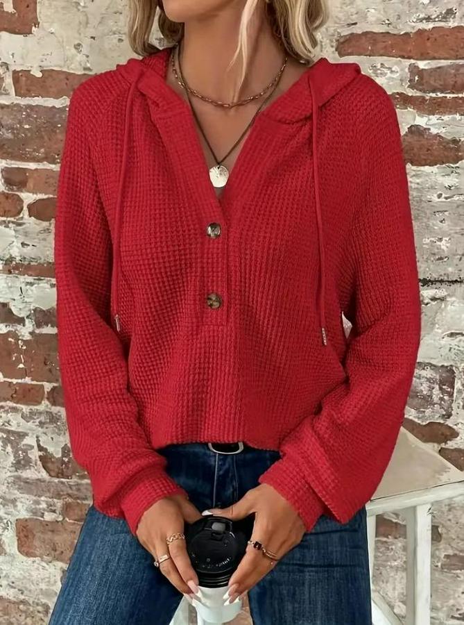 Uzun Kollu Kapşonlu Önü Düğmeli Ve Bağcıklı Waffle Bluz