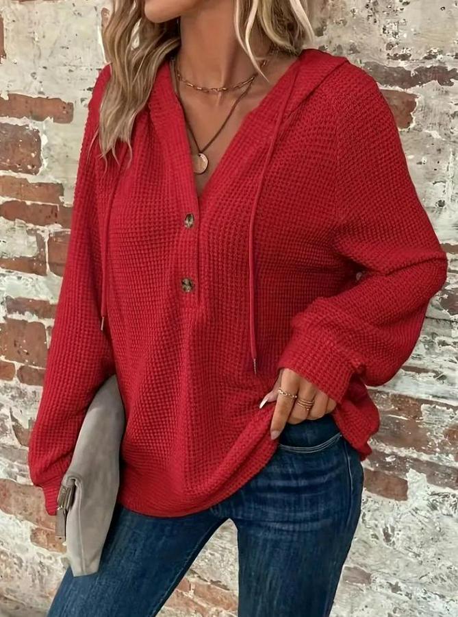 Uzun Kollu Kapşonlu Önü Düğmeli Ve Bağcıklı Waffle Bluz