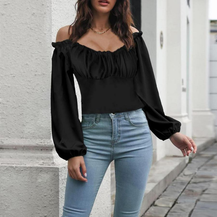 Uzun Kollu Kare Yaka Göğüs Büzgü Detay Sandy Bluz