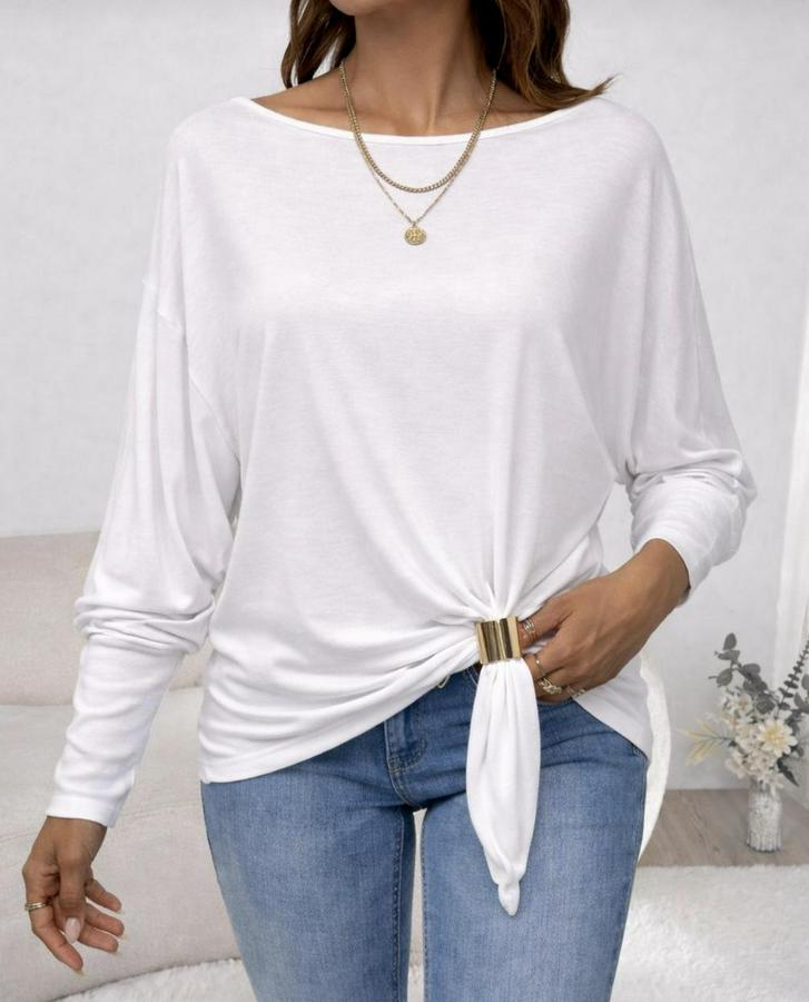 Uzun Kollu Kayık Yaka Manşet Ve Toka Detay Bluz