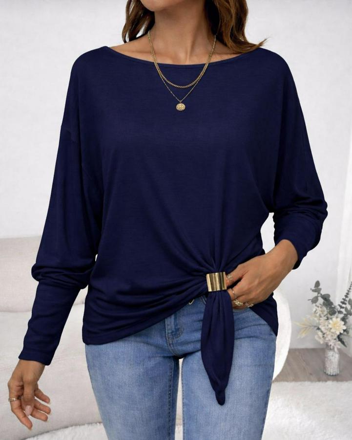 Uzun Kollu Kayık Yaka Manşet Ve Toka Detay Bluz
