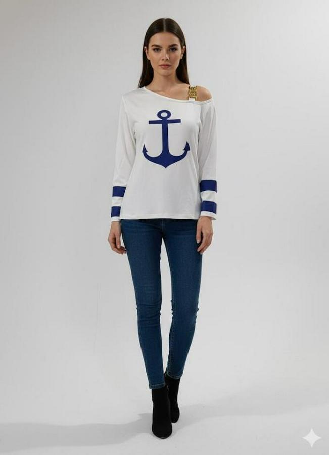 Uzun Kollu Kayık Yaka Omuz Dekoltesi Ve Toka Detaylı Bluz