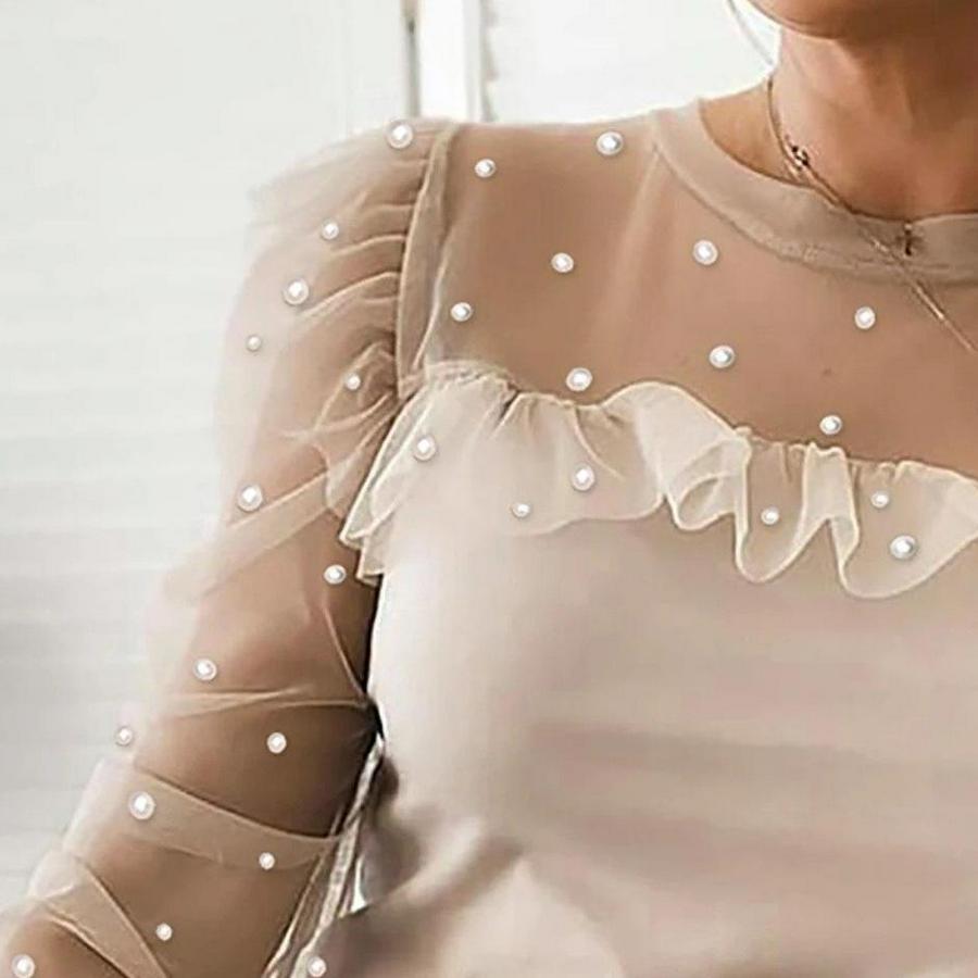 Uzun Kollu Kol Ve Yaka Tül Ve Inci Detay Viskon Bluz