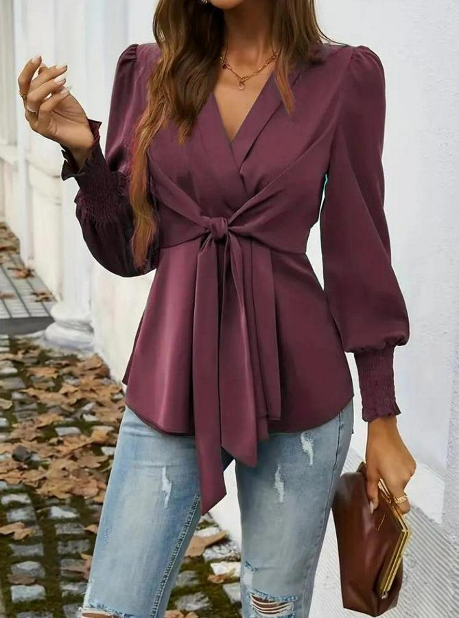 Uzun Kollu Kruvaze Yakalı Önden Bağlamalı Ithal Krep Bluz