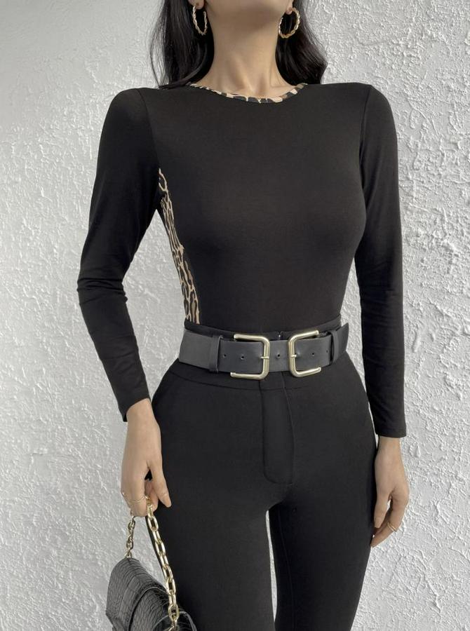 Uzun Kollu Leopar Şeritli Viskon Bluz