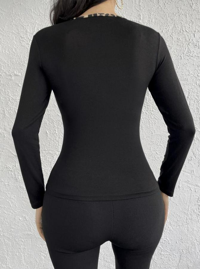 Uzun Kollu Leopar Şeritli Viskon Bluz