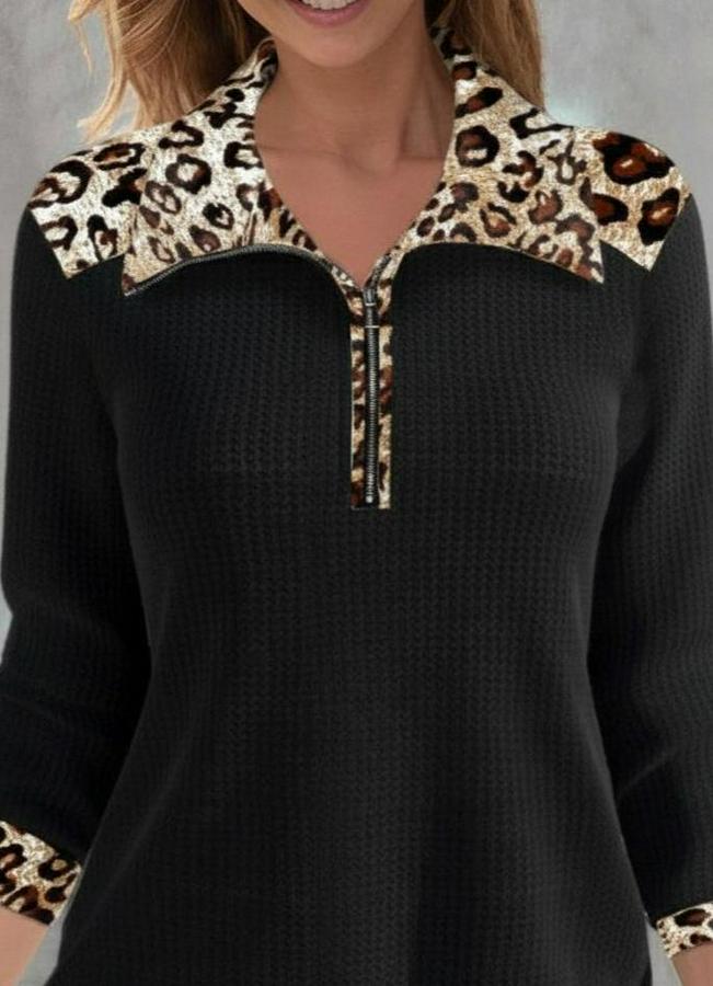 Uzun Kollu Leopar Yakalı Fermuarlı Waffle Bluz